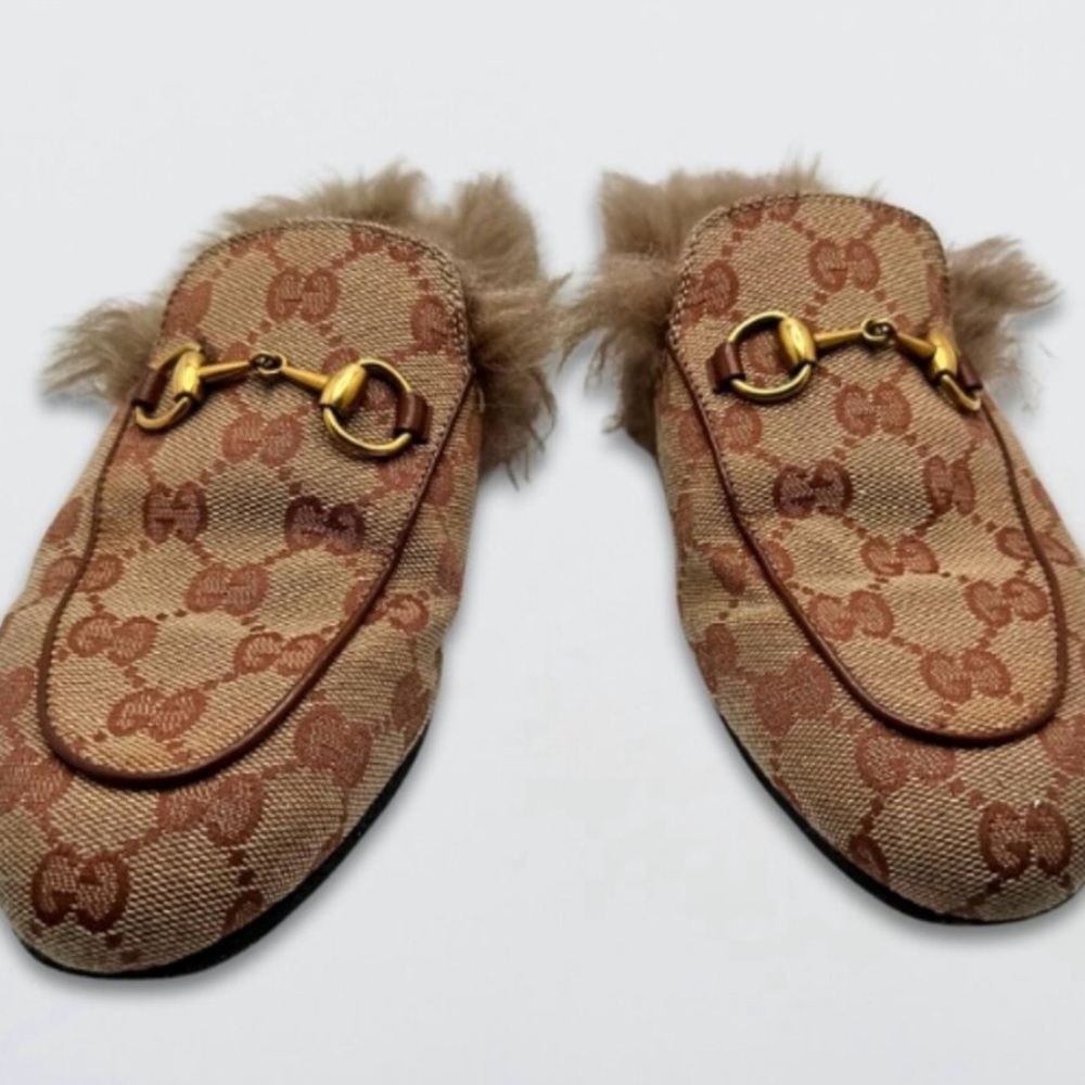 💯GUCCI Monogram Brown and Gold FUR Loafers - Picture 3 of 9